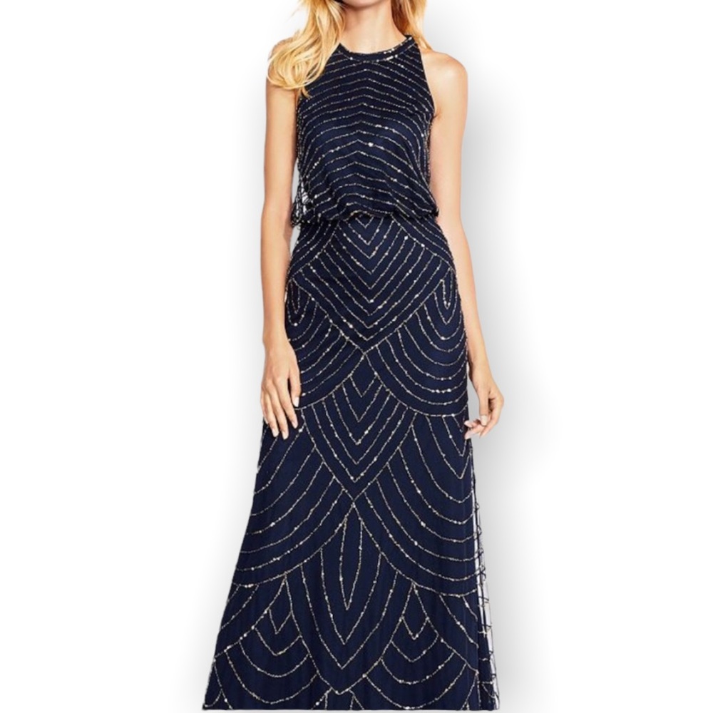 Adrianna Papell BHLDN Madigan 2/ XS Blue Chiffon Embellished Beaded Formal Gown